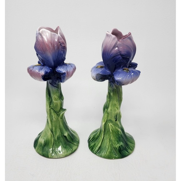 Set of 2 Vtg Ancora Porcelain Iris Italian Candlestick Holders Hand Painted 8" - Picture 4 of 10